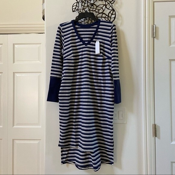 Universal Standard Rhine V Neck Color Block Cuff Dress Blue White Stripe 4 NWT - Picture 5 of 12
